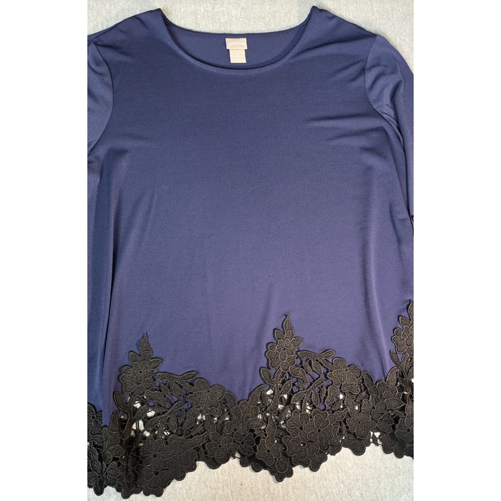 Chicos Shirt Womens 3 Plus Blue Black Lace Stretch Blouse Casual Ladies